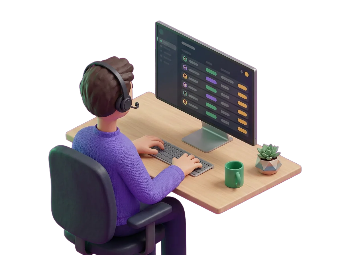 Ilustración: gestor de espaldas con auriculares trabajando la cartera en Monwix, conectado con Emma, Hermes y el Asistente IA